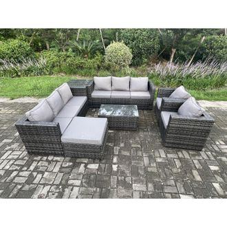 Fimous Fimous 9 Seater Outdoor Lounge Sofa Set Wicker PE Rattan Garden Furniture Set with 2 Armchair Oblong Coffee Table Side Table Big Footstool Dark Grey