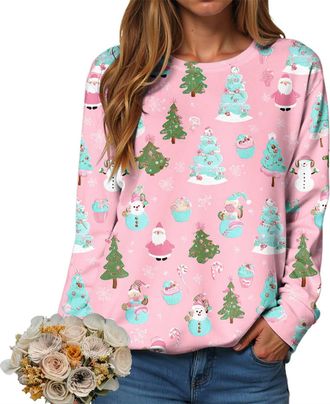 Generic Womens Christmas Sweatshirts UK Cute Xmas Santa Tree Wine Graphic Print Blouse Casual Long Sleeve Crewneck Tops Plus Size Loose Fit Shirts