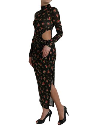 Dolce & Gabbana Womens Black Floral Cut Out Sheath Long Maxi Dress Nylon Elastane Silk