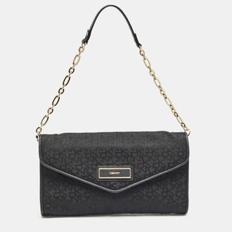 DKNY Dkny Black Monogram Canvas And Leather Envelope Flap Shoulder Bag