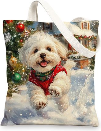 Generic Christmas Cavachon Dog Canvas Tote Bag for Shopping 13x15, Winter Snow Xmas Puppy Reusable Grocery Print Bag for Women Men, Holiday Pet Aesthetic Pain