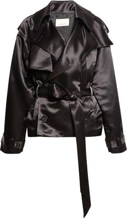 GRACE LING Claw Crop Liquid Satin Trench Coat in Black at Nordstrom, Size 38