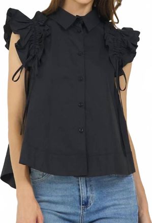 Stellah Ruffle Shoulder Button Shirt In Black