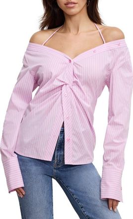 Good American Poplin Off the Shoulder Top in Pink Flora Stripe001 at Nordstrom, Size X-Small