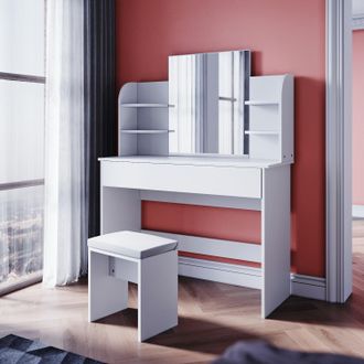 Sonni Mesa Maquillaje Con Espejo Y Taburete 108x40x140cm, Tocador Maquillaje,tocador Blanco Con 4 Estantes - Sonni