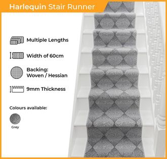 Runrug Stair Runner Carpet for Staircases - Soft & Comfy, 9mm - Harlequin in Grey | Size: 60 cm x 570 cm