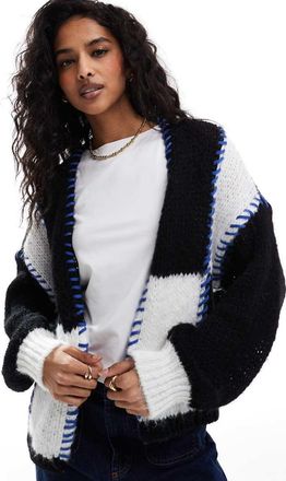 Only open knit cardigan in black and white with contrast stitch