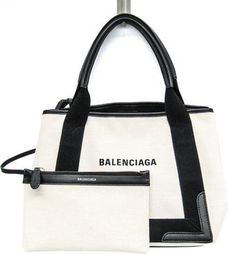 Balenciaga Navy Cabas White Canvas Handbag (Pre-Owned)