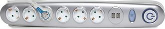 GreenIce Greenice - Enchufe 6 X Toma Corriente + Interruptor Luminoso + 2 X Usb Cargador 2100 Ma 5v - Ip20 - Blanco/plata