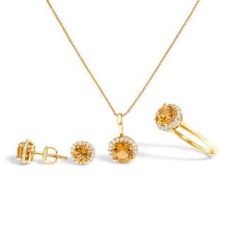 House of Brilliance 10K Gold Gemstone and 3/8 Cttw Diamond Halo Jewelry Set in Yellow | Orange Citrine at Nordstrom