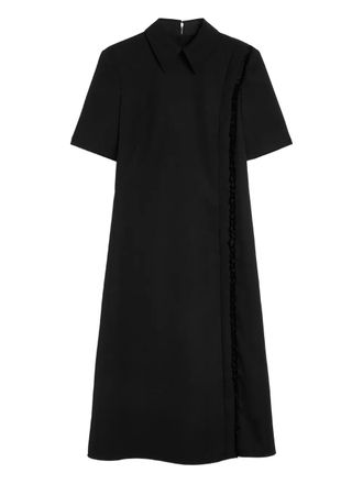 Jil Sander pointed collar ruffle wool gabardine dress - Black