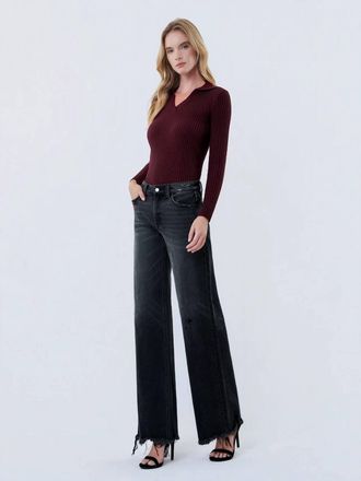 Flying Monkey Mid Rise Distressed Hem Wide Leg Jeans In Black