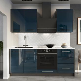 Vicco Cocina Para Solteros Fame-line, Azul Oscuro Alto Brillo/antracita, 190 Cm, Et M&aacute;rmol, Vicco