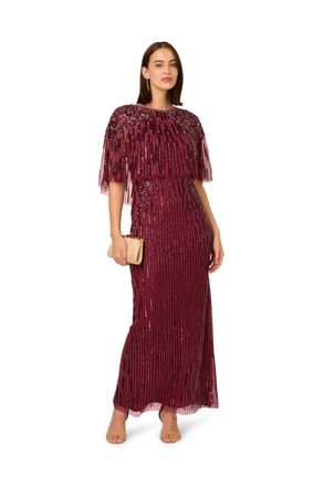 Adrianna Papell Womens Cape Bead Long Dress - Red - Size 12 UK