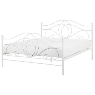 Beliani Cama De Metal Blanca Estructura Somier De Listones 140 X 200 Cm Cabecero Rom&aacute;ntico Cl&aacute;sico Boho Lyra