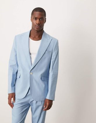 Asos Giacca da abito slim fit azzurra in misto lino-Blu