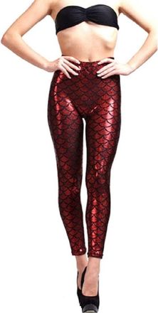Janisramone Womens Ladies New Holographic Mermaid Fish Scale Print Skinny Disco Metallic Leggings Pants Red