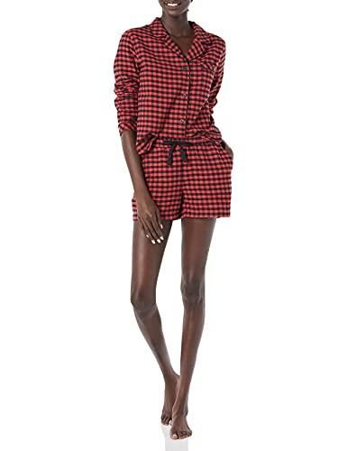 Damen Leichter Schlafanzug aus Flanell-Gewebe mit Shorts, Rot/Schwarz, Buffalokaros Muster, XXL