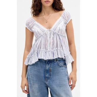BDG Lace Trim Babydoll Top in Blue Stripe at Nordstrom, Size X-Large