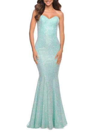 La Femme Unique Long Sequin Strapless Gown with Sweetheart Top in Aqua at Nordstrom, Size 10