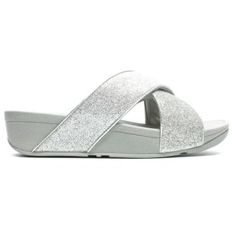 FitFlop Lulu Glitterdust Cross Slides Synthetic Leather Womens Slip On Sandals - Silver - Size:UK 6.5