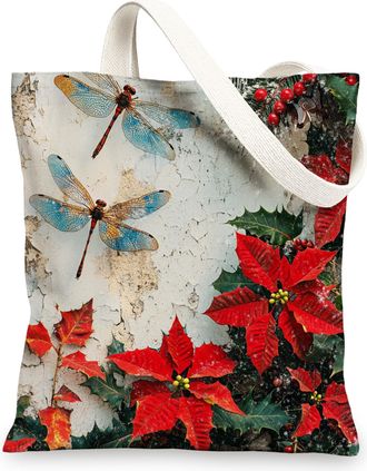 Generic Winter Christmas Dragonflies Canvas Tote Bag for Shopping 13x15, Farmhouse Poinsettia Xmas Reusable Grocery Print Pattern Bag for Women Men, Holiday N