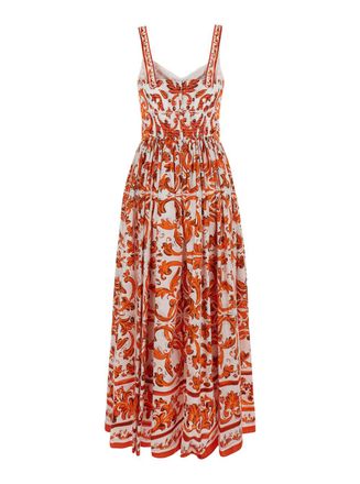 Dolce & Gabbana Womens Maxi Dress With Maiolica Print Orange Cotton