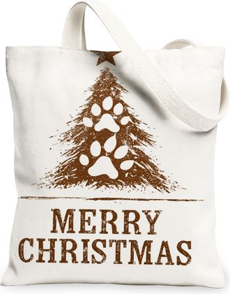 Generic Christmas Paw Print Canvas Tote Bags, Holiday Tree Animal Pattern Reusable Grocery Bags, Lightweight Washable Shoulder Stra, White, 13x15 Inch