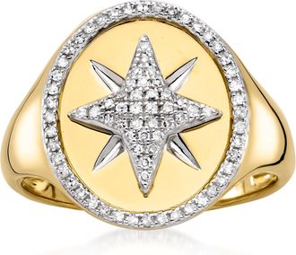 Ross-Simons Diamond Starburst Signet Ring in 14kt Yellow Gold
