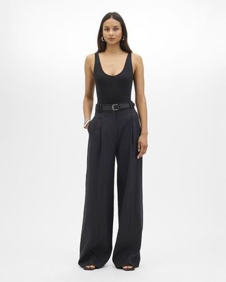 Another Tomorrow Linen Pleated Trouser in Black at Nordstrom, Size 44 It