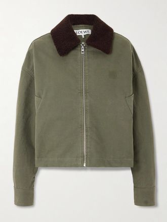Loewe Giacca In Drill Di Cotone Con Finiture In Shearling - Verde