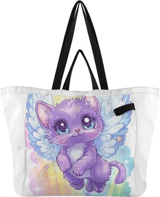 Generic Cat Starry Rainbow pattern Reusable Canvas Tote Bag, Heavy Duty Grocery Shopping Bag with Double Handles Hard Bottom Large Capacity Work Groceries Tra