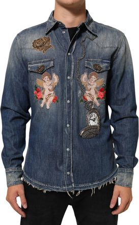 Dolce & Gabbana Blue Angel Patch Denim Buttoned Down Men Mens Shirt