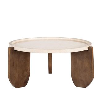 DRAWER Mesa baja de m&aacute;rmol y madera maciza &oslash;80cm - marfil blanco