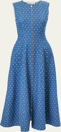 Carolina Herrera Sleeveless Polka-Dot Denim Zip-Front Midi Dress