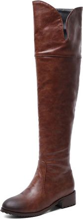 Generic Womens Round Toe Western Cowboy Boots PU Leather Thigh High Boots with Side Zipper Flat Heel Over The Knee Boot,Yellow,5.5 UK