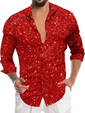 Generic Mens Sequin Shirt Long Sleeve Glitter SparkIe Shirt for Carnival Festival Party Nightclub Fancy Dress Shiny Disco Costume Tops Button Down for Men Sta