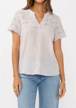 Lovestitch Floral Eyelet Short Sleeve Button Down Blouse In Dove