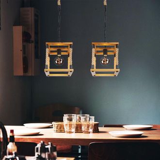 Globo Lighting Luce a sospensione in legno per sala da pranzo Luce a sospensione in corda di canapa Struttura in legno, metallo nero colore naturale, 1x E27, LxLxH