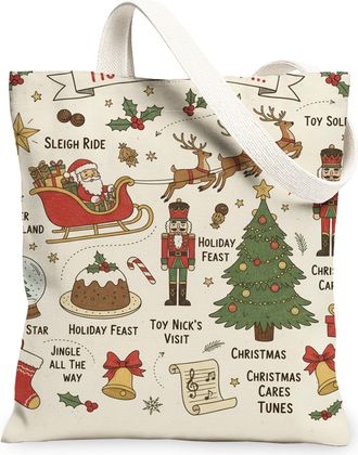 Generic Christmas Holiday Canvas Tote Bags, Vintage Festive Design Reusable Shopping Bags, Lightweight Washable Shoulder Strap Canv, Cream, 13x15 Inch