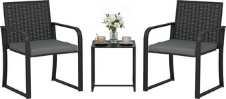 OUTSUNNY Conjunto De Jard&iacute;n Exterior De 3 Piezas De Rat&aacute;n Con 2 Sillas Con Cojines, Mesa De Vidrio Templado, Resistente A Intemperie, Gris