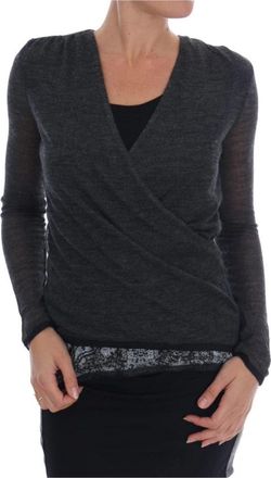 Ermanno Scervino Wool Lace Top - Dames - V-hals truien - Grijs - M - Wol - Truien & Vesten