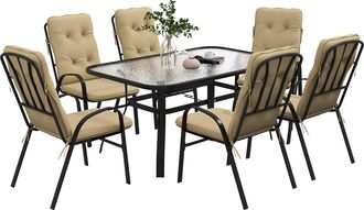 OUTSUNNY 7 PCs Garden Dining Set w/ Umbrella Hole & Cushion - Beige | TJ Hughes
