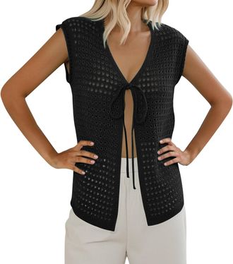 Generic Cardigans for Women Women Crochet Knit Vest Tie Up Open Front Sweater Vest Casual Summer Versatile Sleeveless V Neck Tank Crop Tops (Black, M)