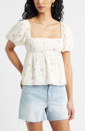 BP. Print Bubble Sleeve Babydoll Top in Ivory- Olive Field Flowers at Nordstrom, Size Xx-Small