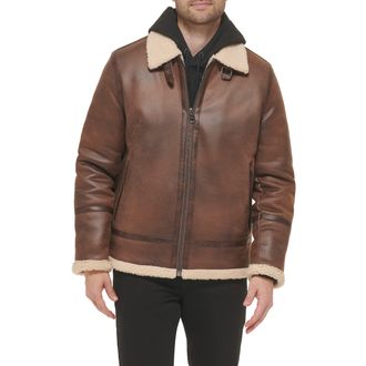 Calvin Klein Faux Leather Men-Bomber Jacket with Shearling Lining, Brown, L