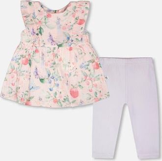 Deux par Deux Cotton Muslin Tunic and Rib Jersey Printed Berries Leggings Set in Pink Printed Berries & Lilac at Nordstrom, Size 12M