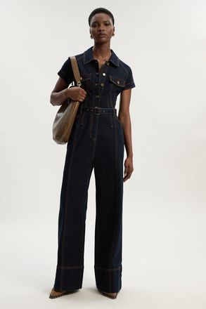 Karen Millen Womens Denim Corset Waist Detail Wide Leg Jumpsuit - Dark Blue Cotton - Size 12 UK