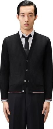 Thom Browne Mens V-Neck Cardigan Merino Wool Black Sweater