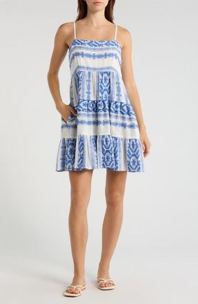 Elan Embroidered Tiered Cotton Cover-Up Sundress in Natural Blue at Nordstrom, Size X-Large
